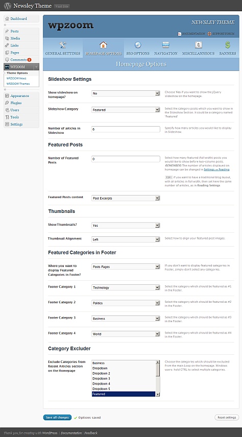 Newsley theme admin WPZOOM Options Panel