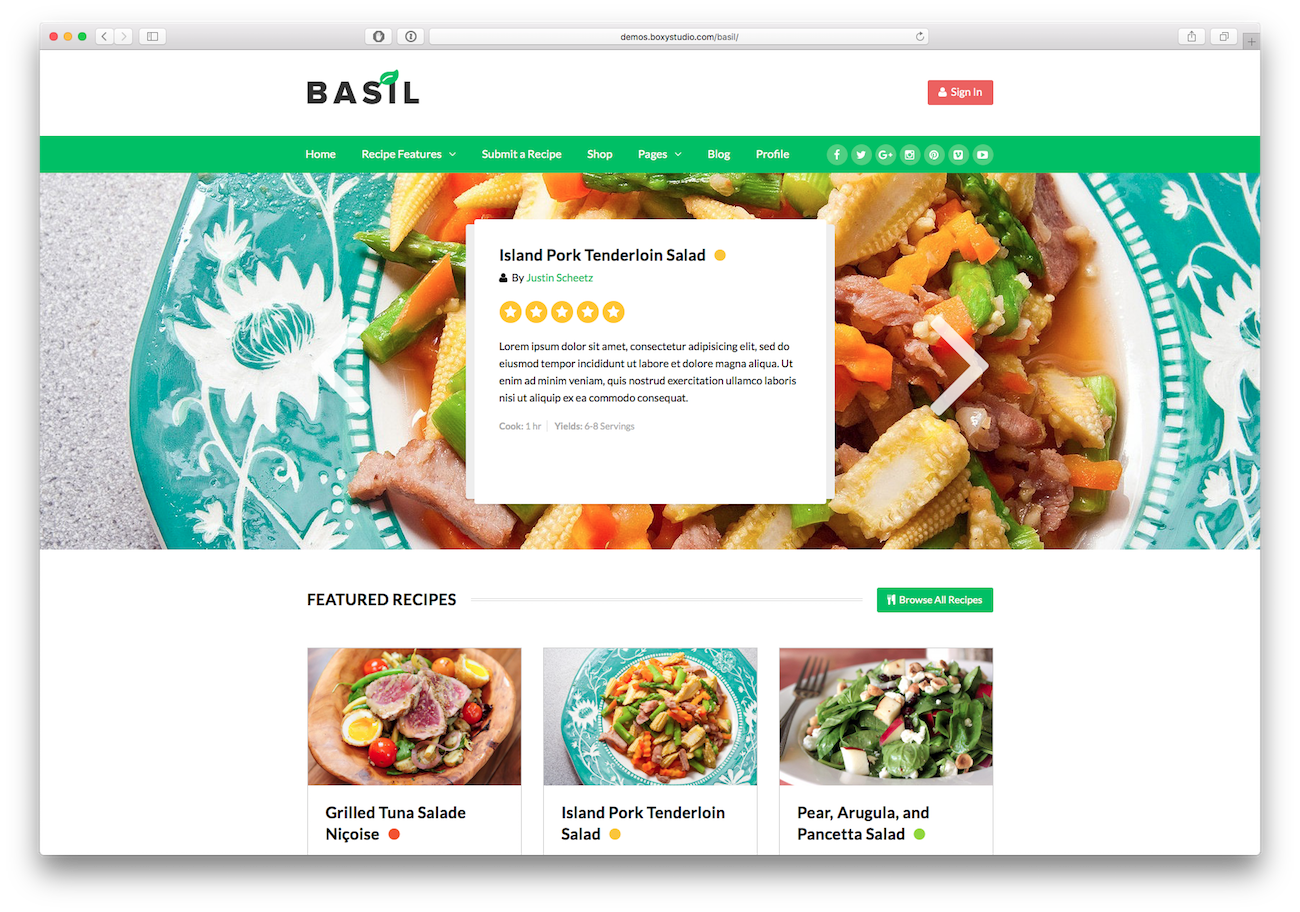 Screenshot of the Basil food blog WordPress theme