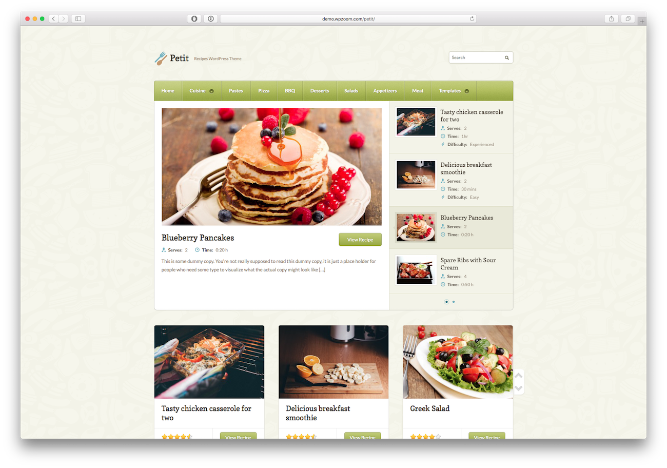 Screenshot of the Petit food blog WordPress theme