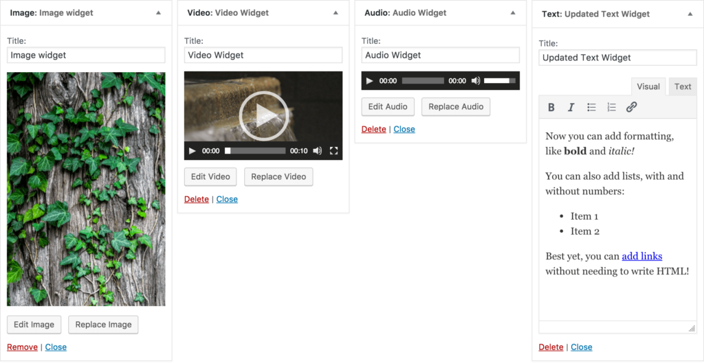 The four new widgets included in WordPress 4.8.