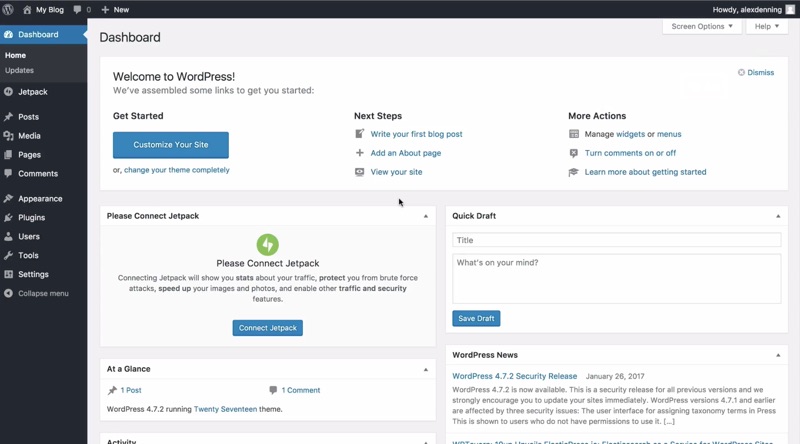 How to start a blog WordPress (step by step + videos) Screenshot of the WordPress Dashboard