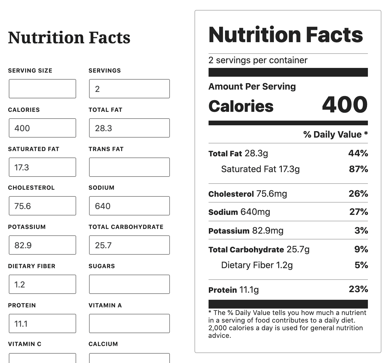 Recipe Card Blocks nutrition facts