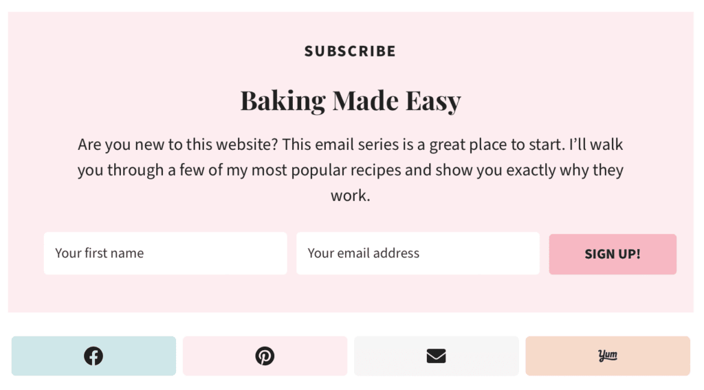 Subscribe section on a food blog