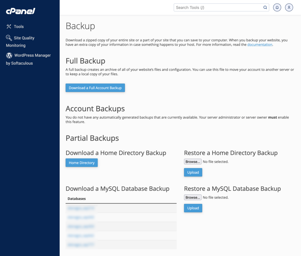 cPanel Backup Section