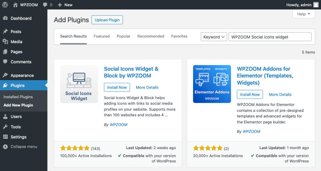 Install the WPZOOM Social Media Icons Plugin