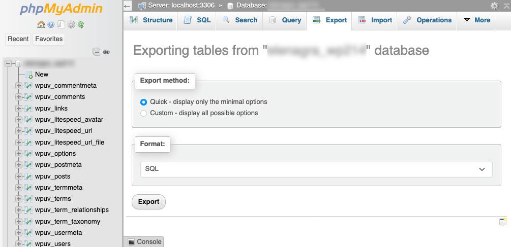 PHPMyAdmin Export database
