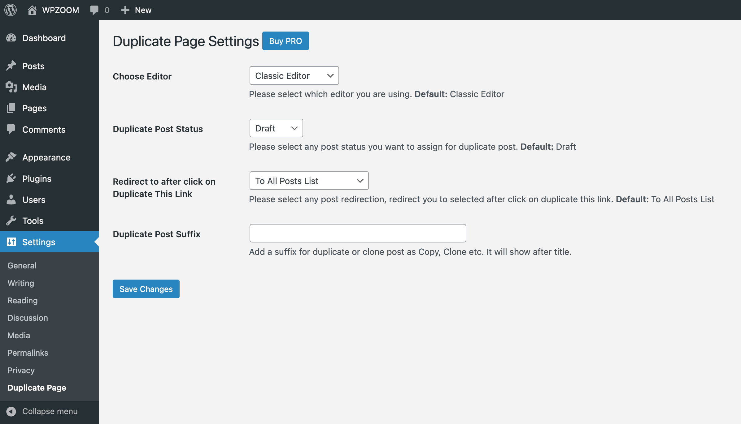 Duplicate Page plugin Settings