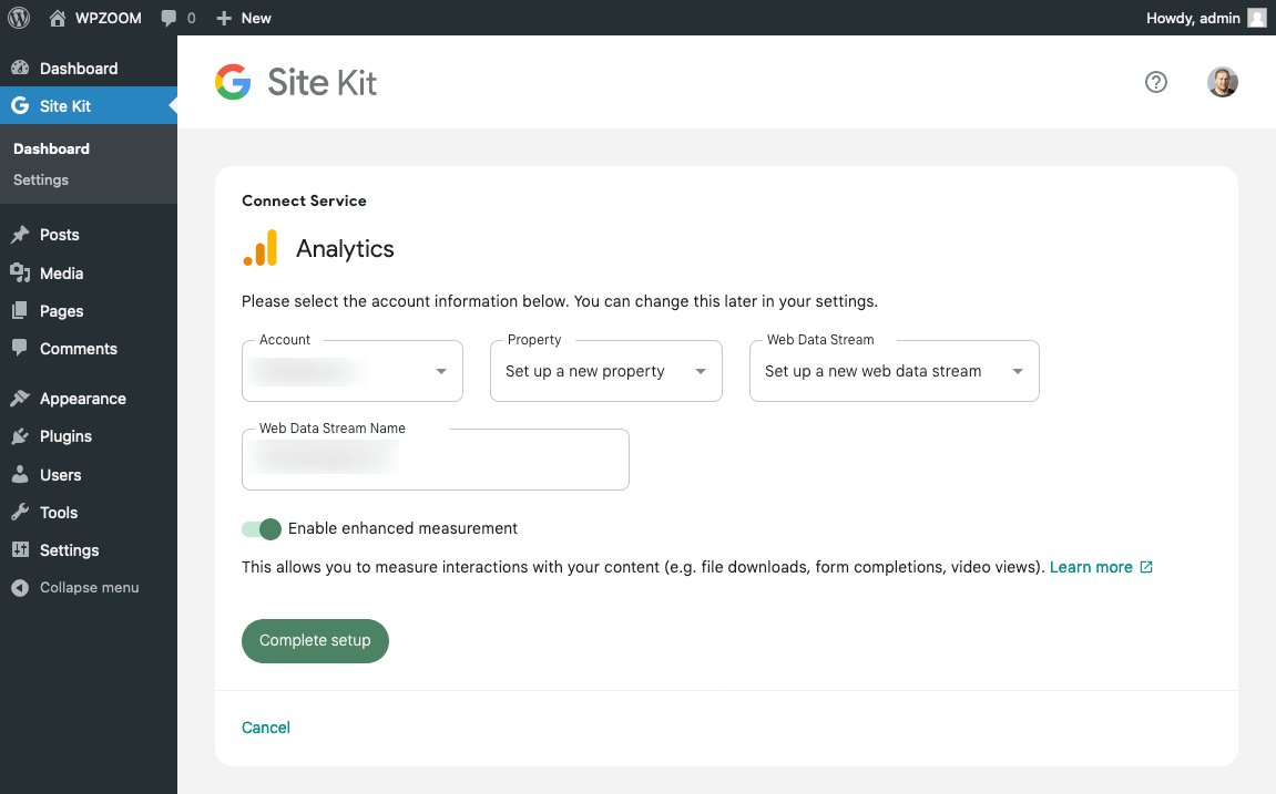 Site Kit - existing account complete setup