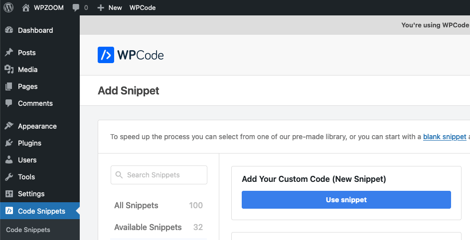 WPCode - Use snippet