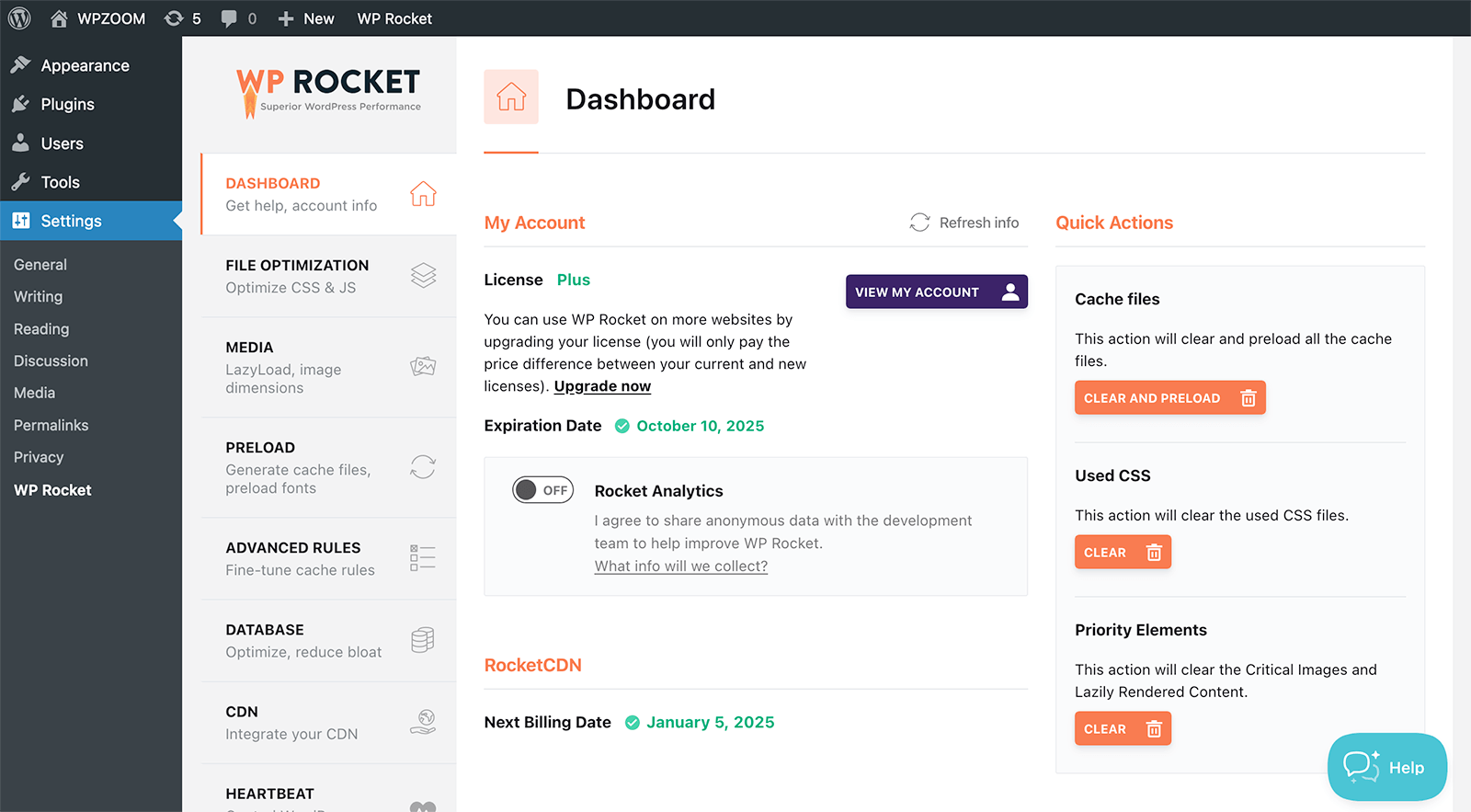 Clear cache in WP Rocket