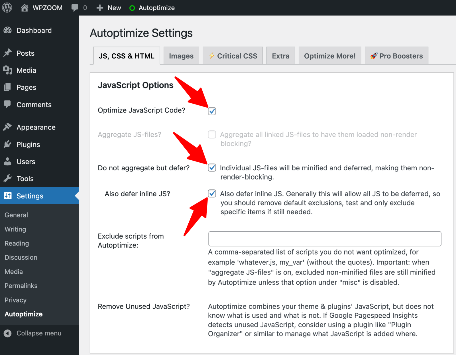 Autoptimize > JavaScript Options