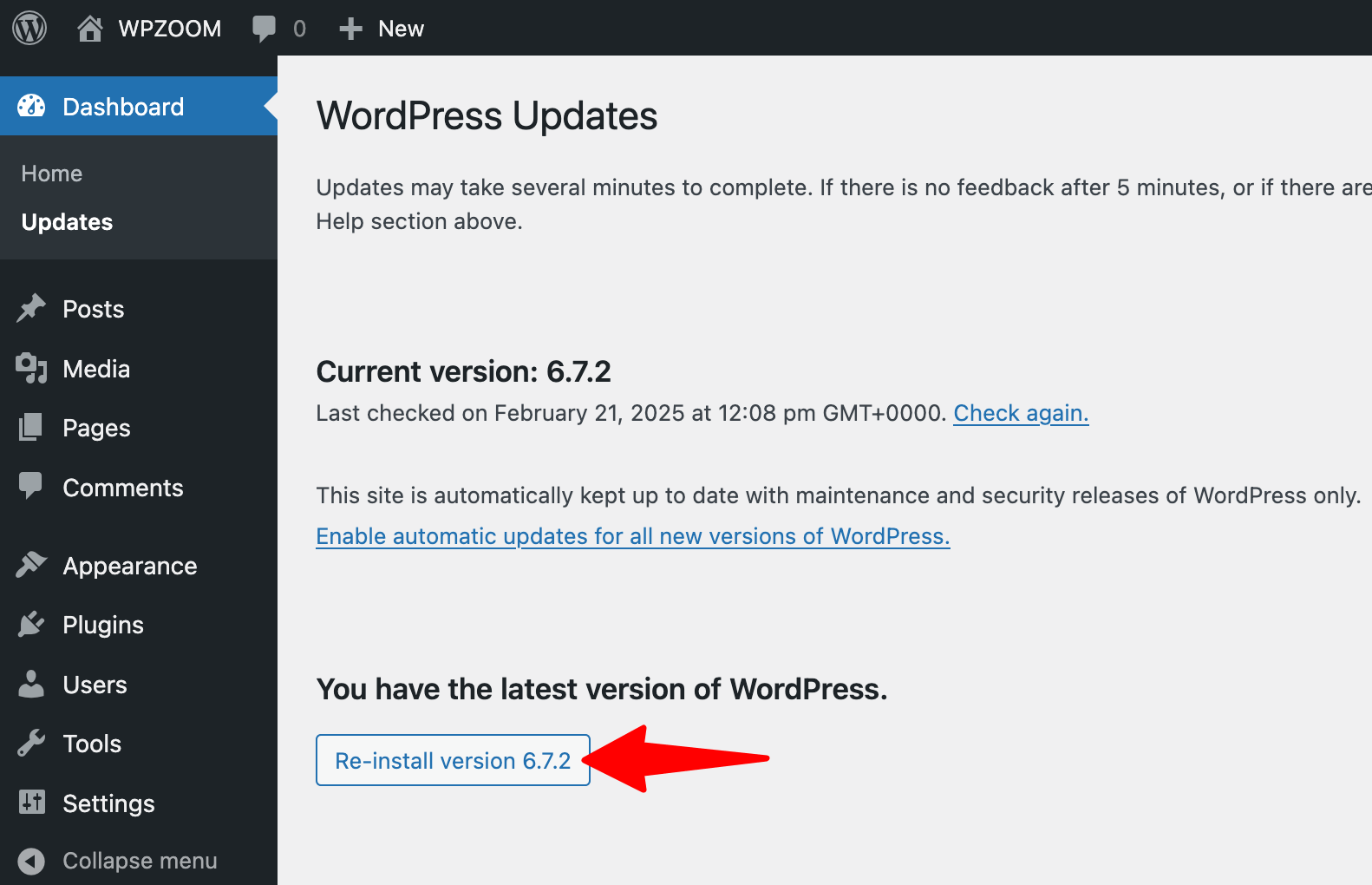 Dashboard > Updates > Reinstall WordPress