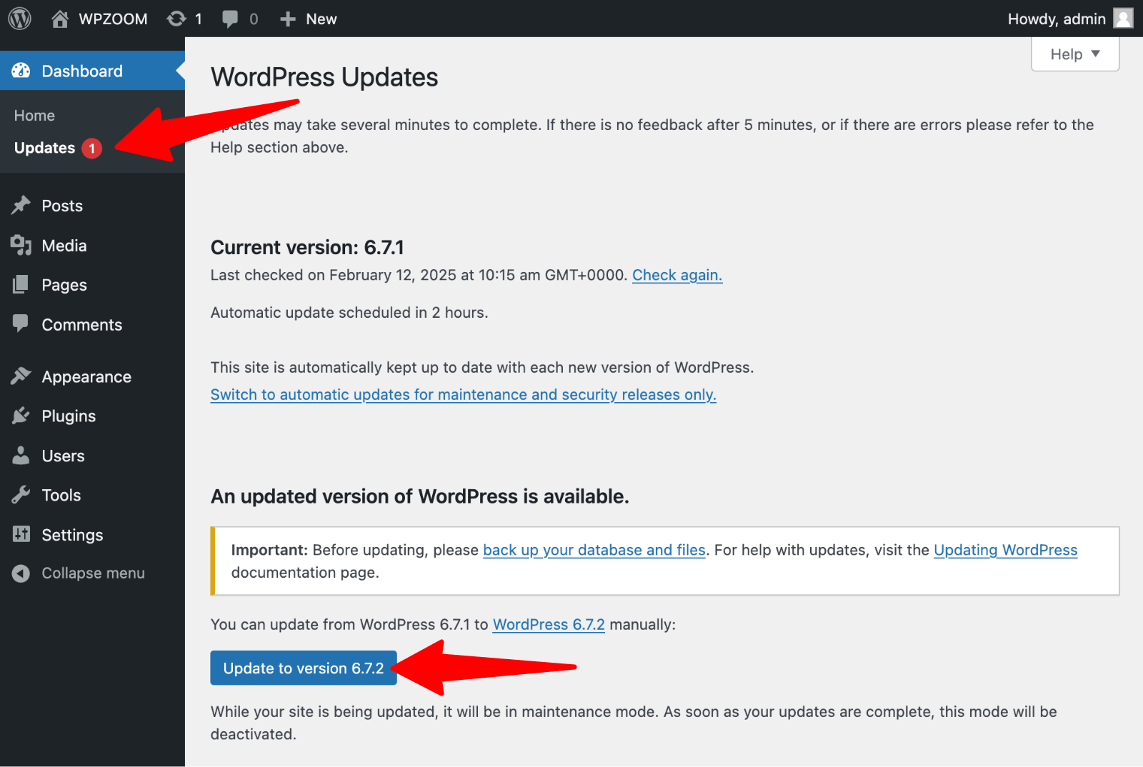 Dashboard - Updates - WordPress update available