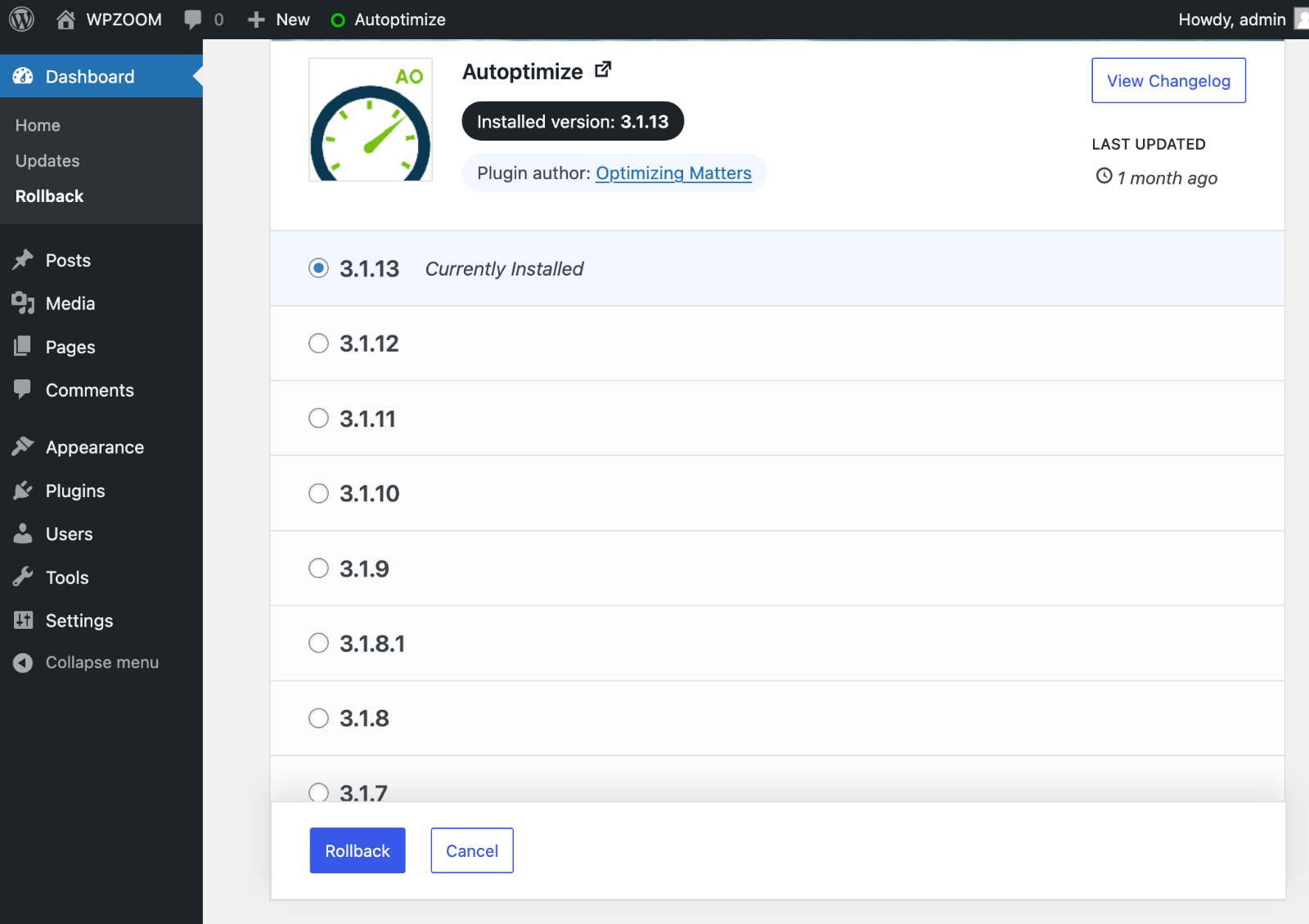 Rollback plugin. Choose version.