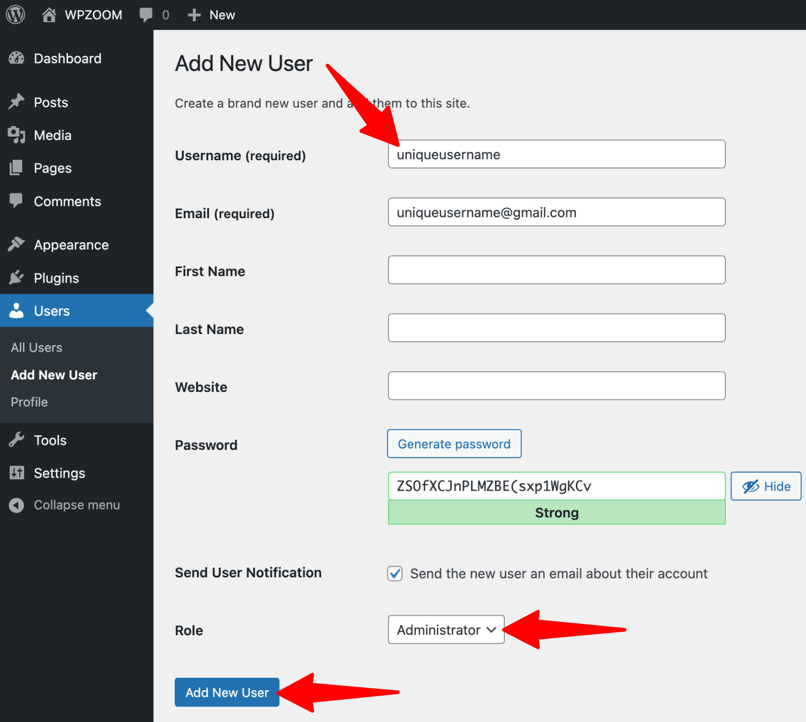 Users > Add new administrator user