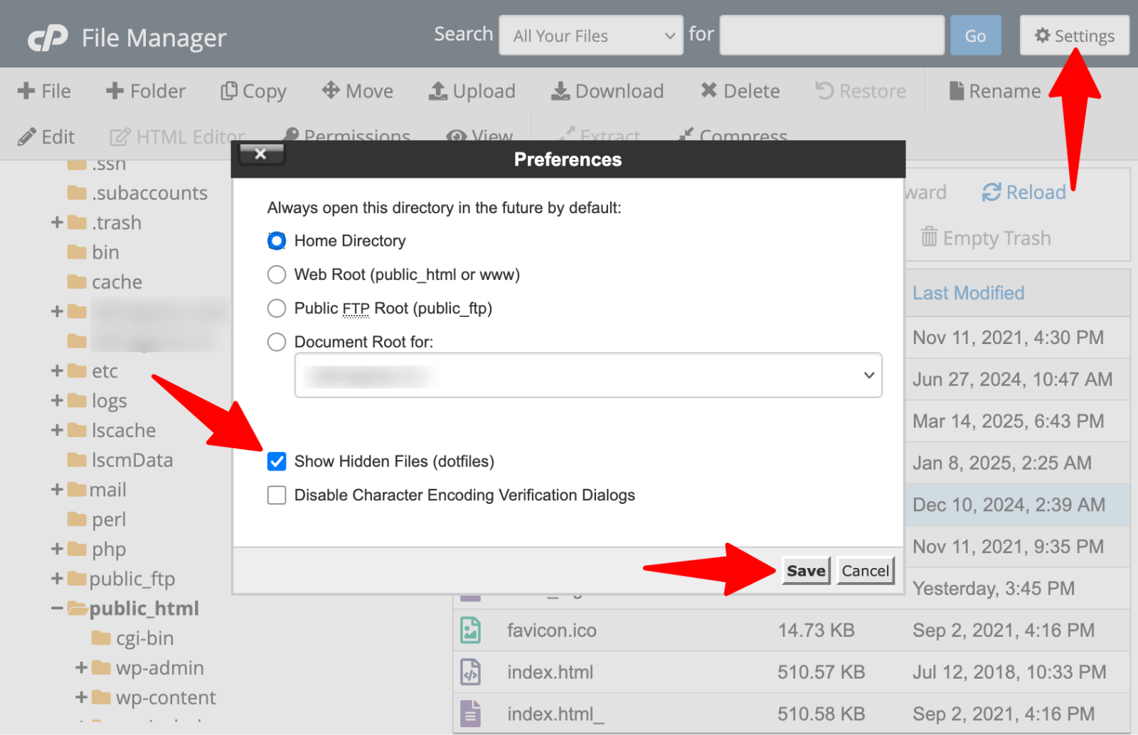 cPanel > File Manager > Show hidden files