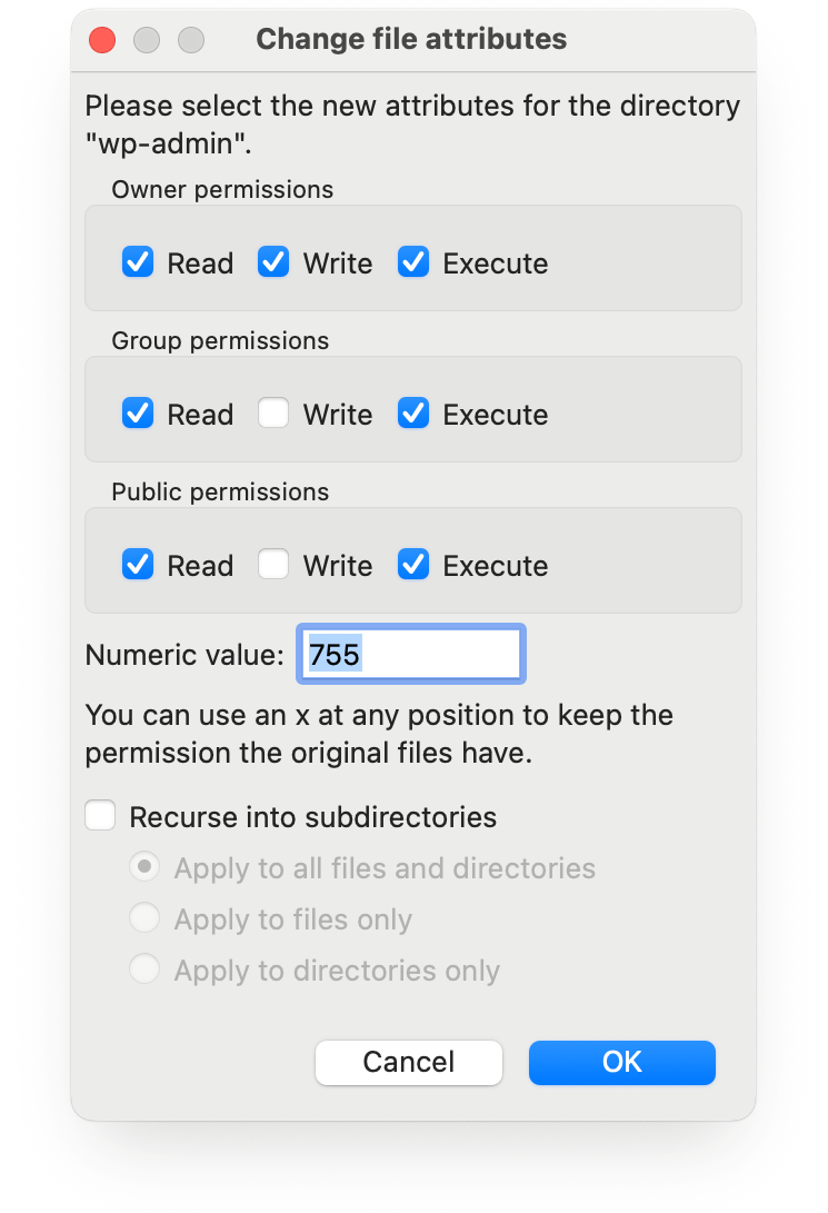 FileZilla > Change file permissions