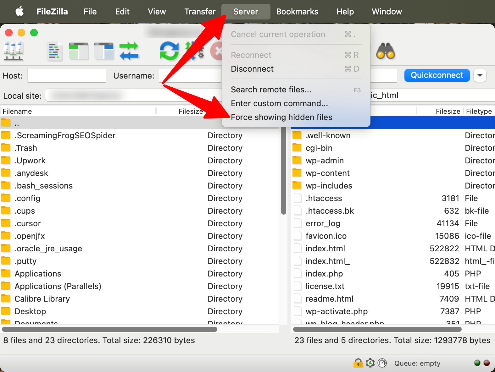 FileZilla > Show hidden files