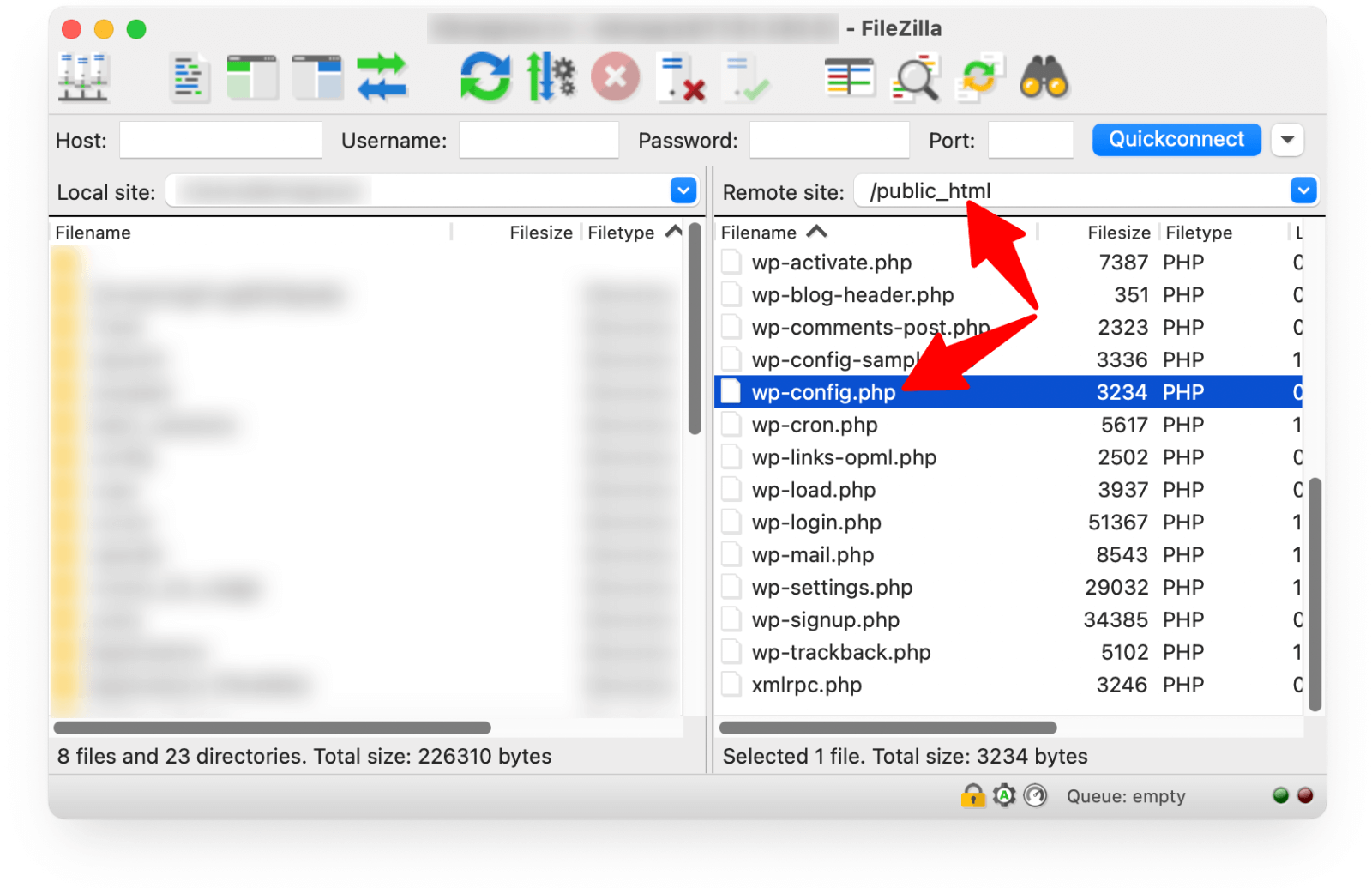 FileZilla > wp-config.php file