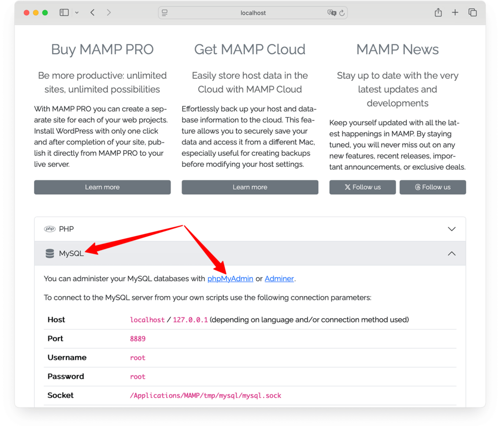 MAMP localhost > Open PHPMyAdmin