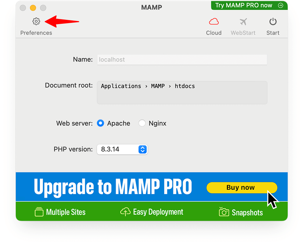 MAMP > Open Preferences
