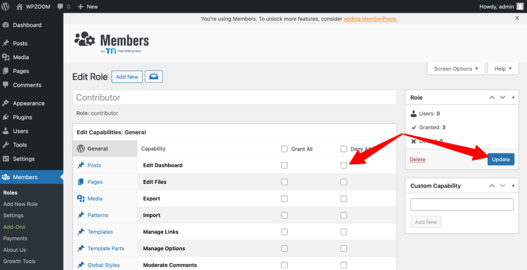 Members Plugin > edit role