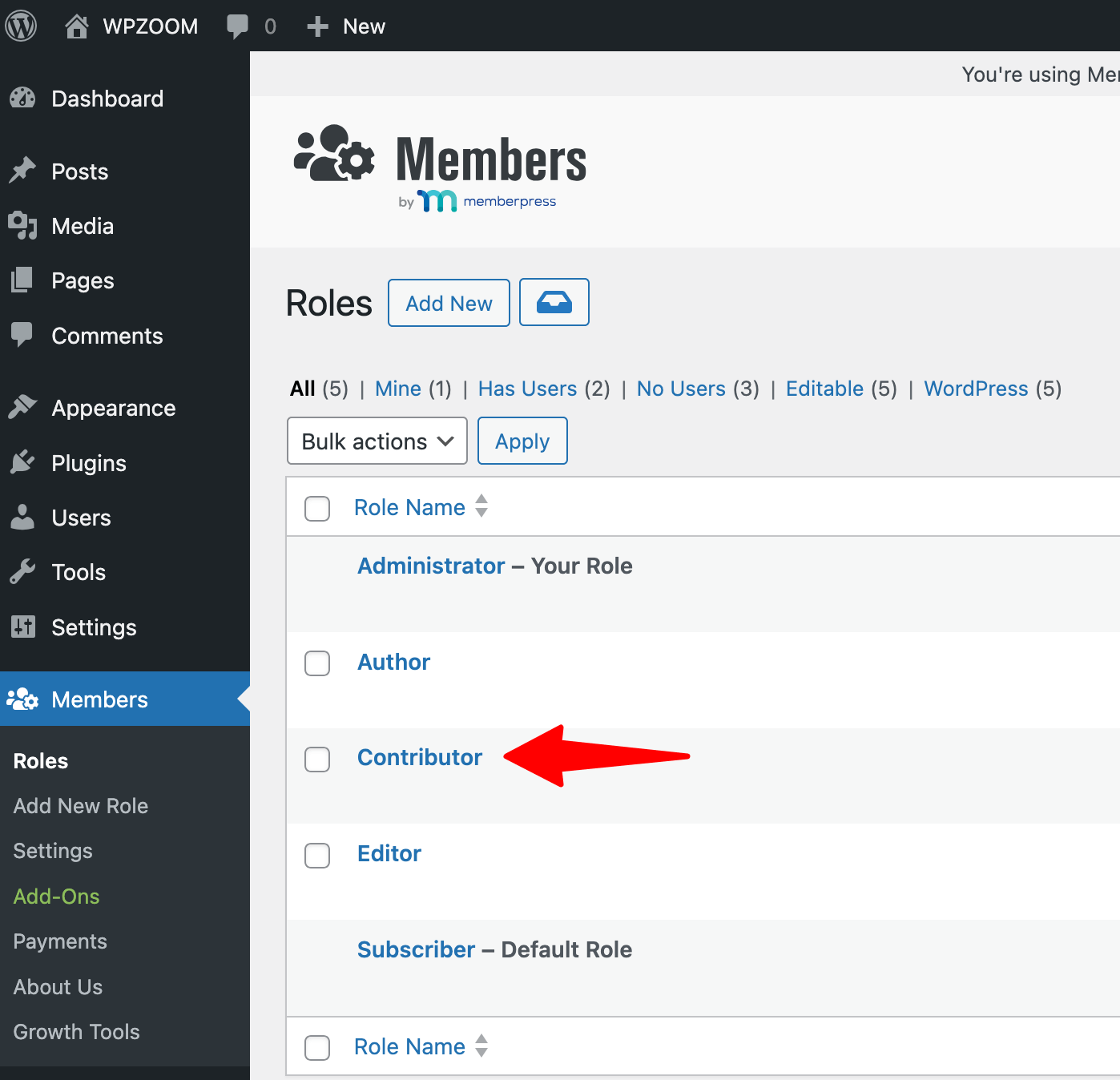 Members Plugin > select role