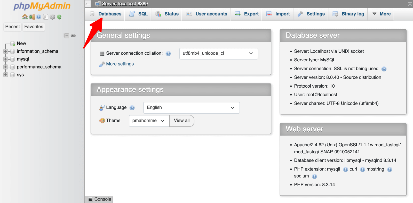 phpMyAdmin > open Databases