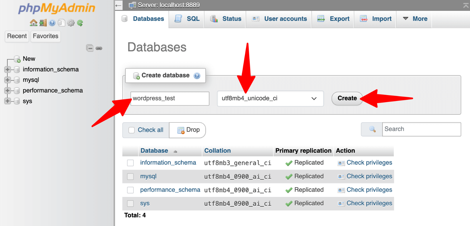 phpMyAdmin > Create database