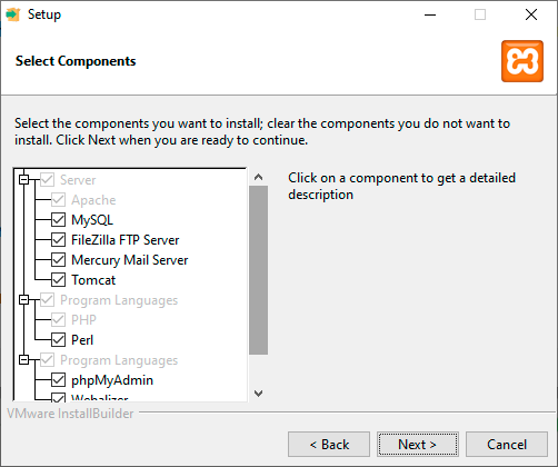 Install XAMPP > Choosing components