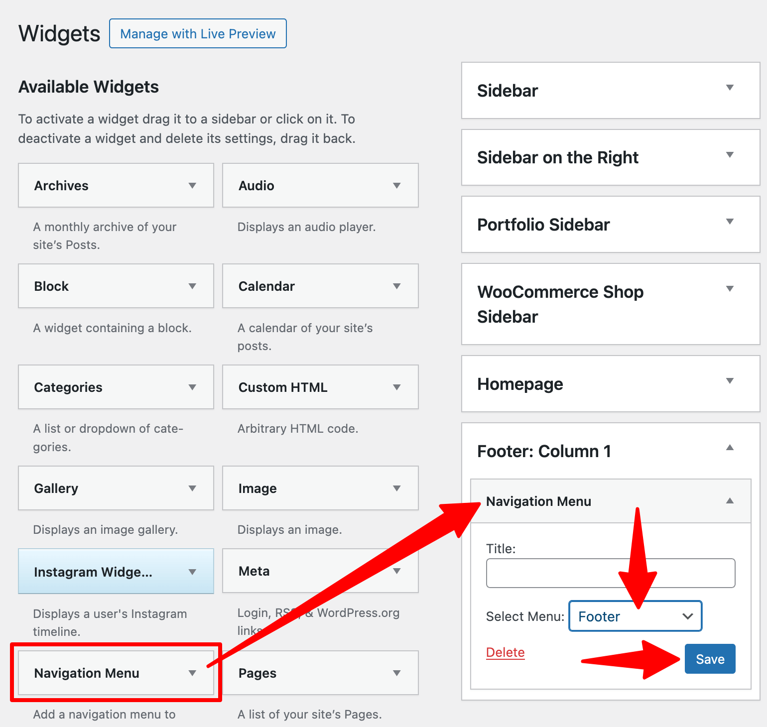 Widgets > Add menu