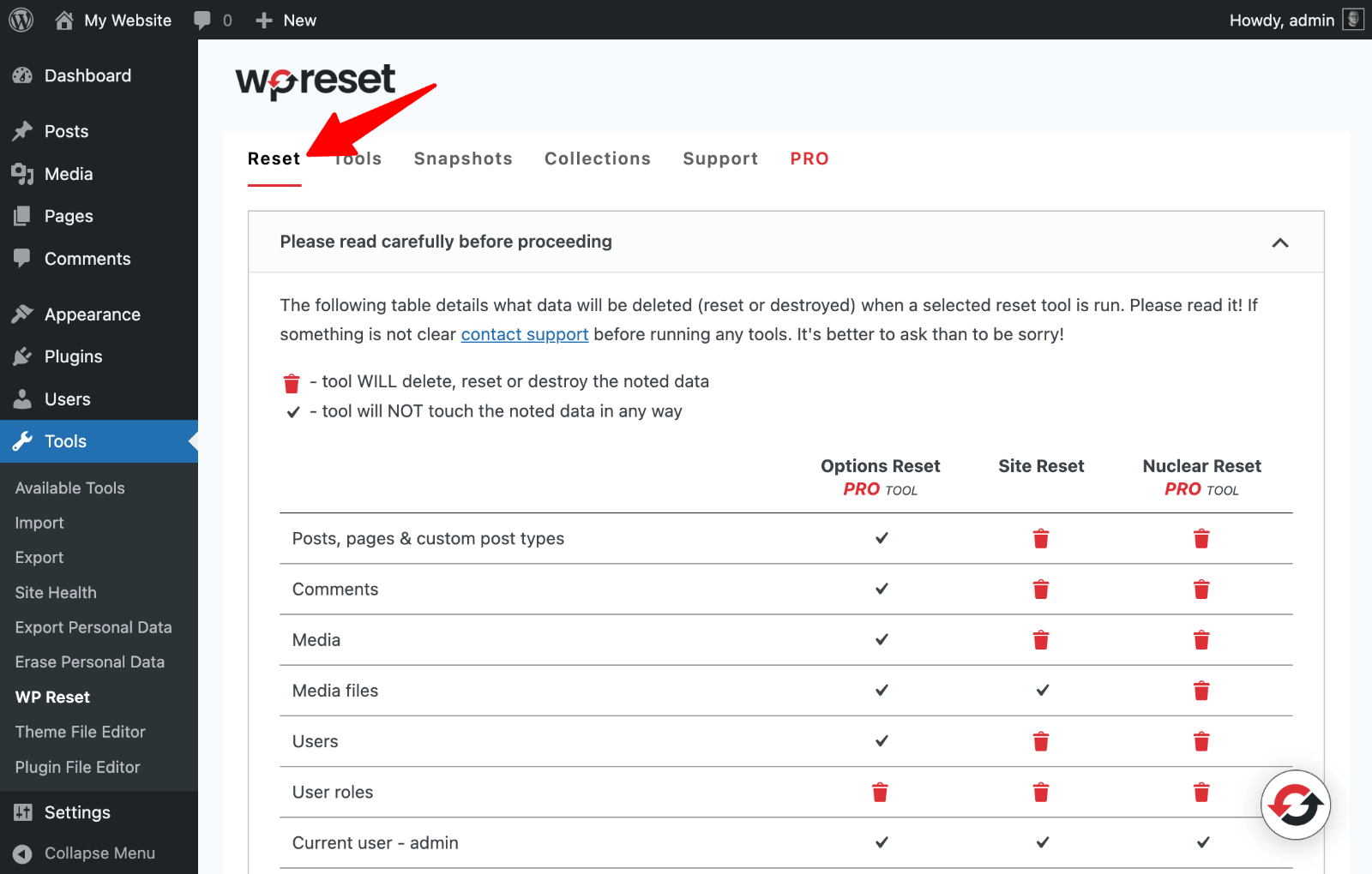 WP Reset Settings