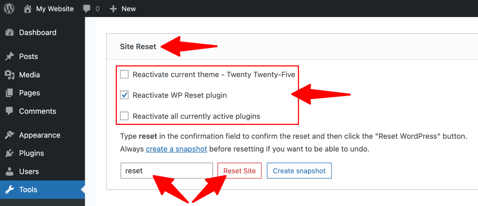 WP Reset > Site reset