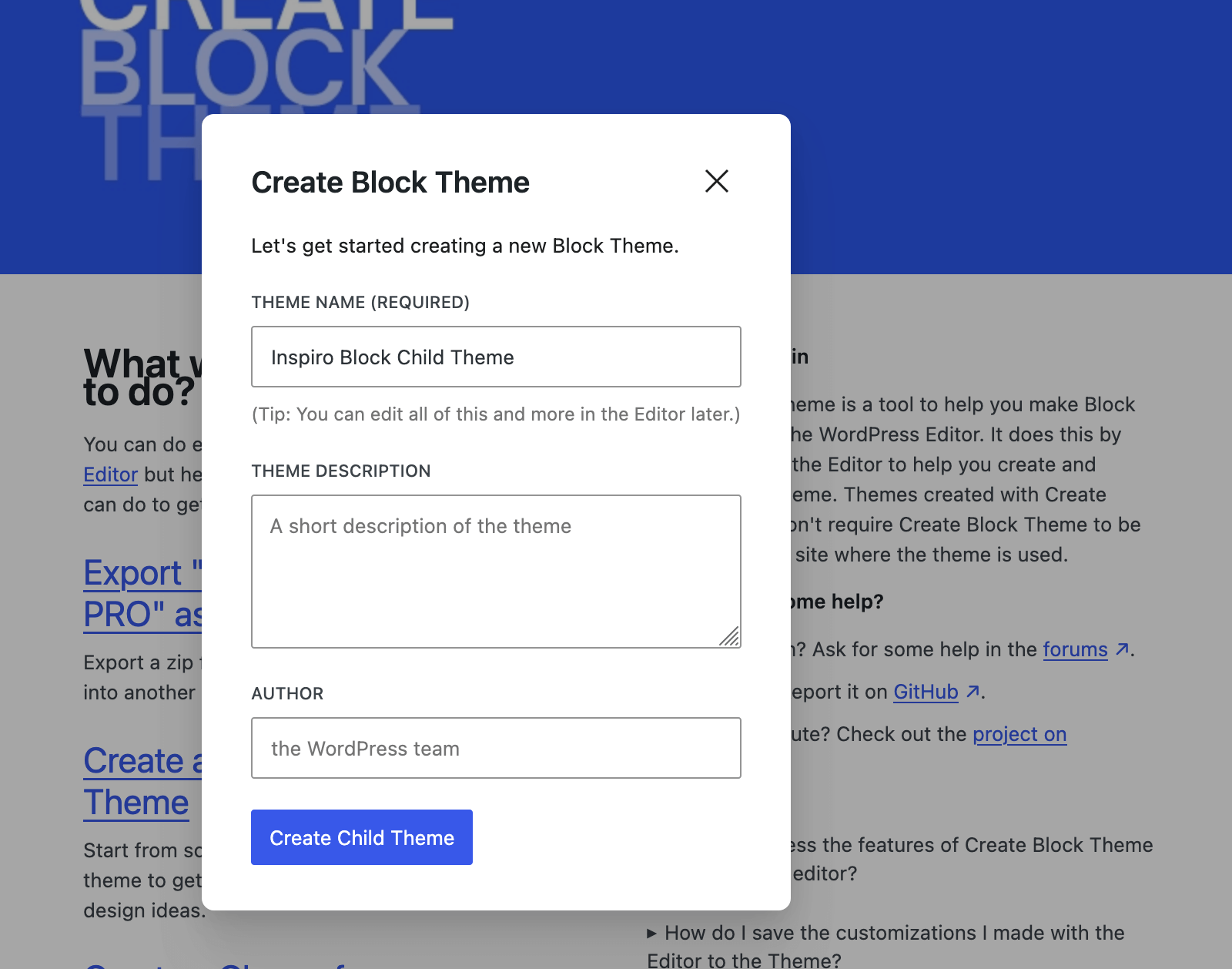 Create Block Theme > Child theme details