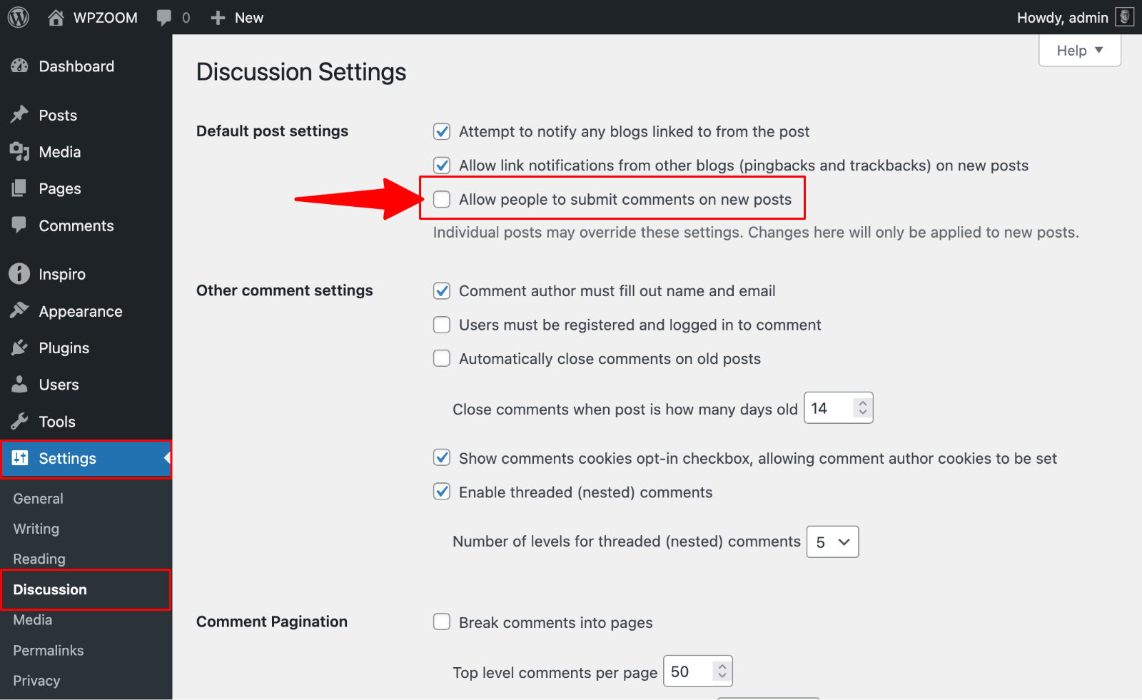 Settings > Discussion > Allow comments