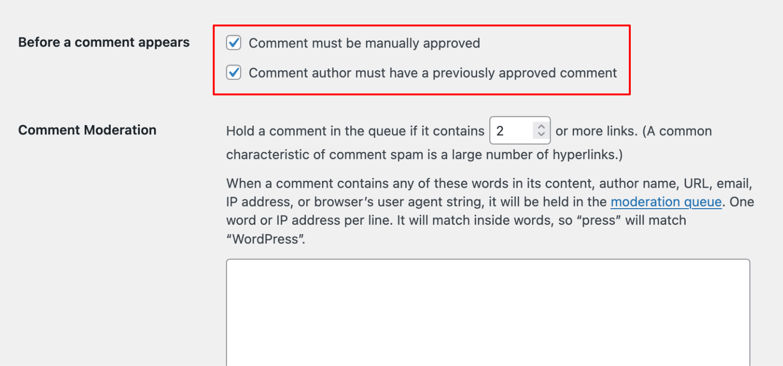Discussion Settings > approve comments