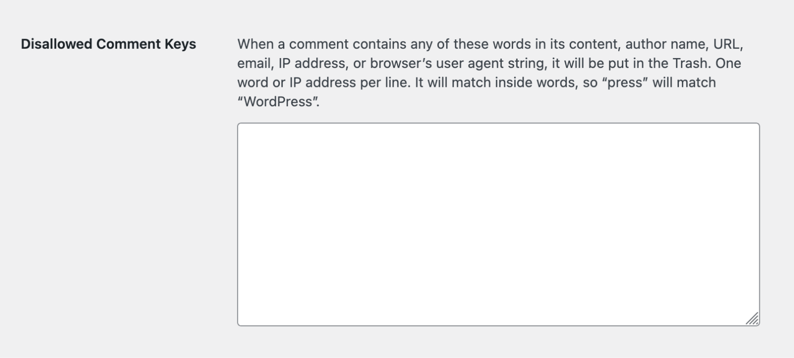 Discussion Settings > disallowed keys
