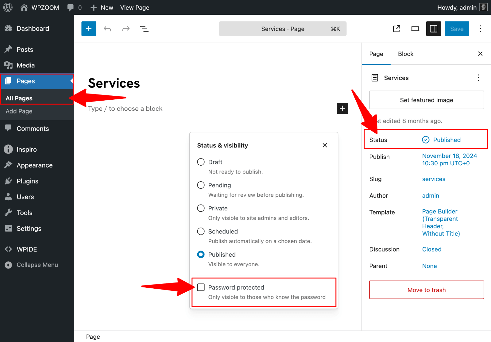 Edit Page > Password protect in block editor