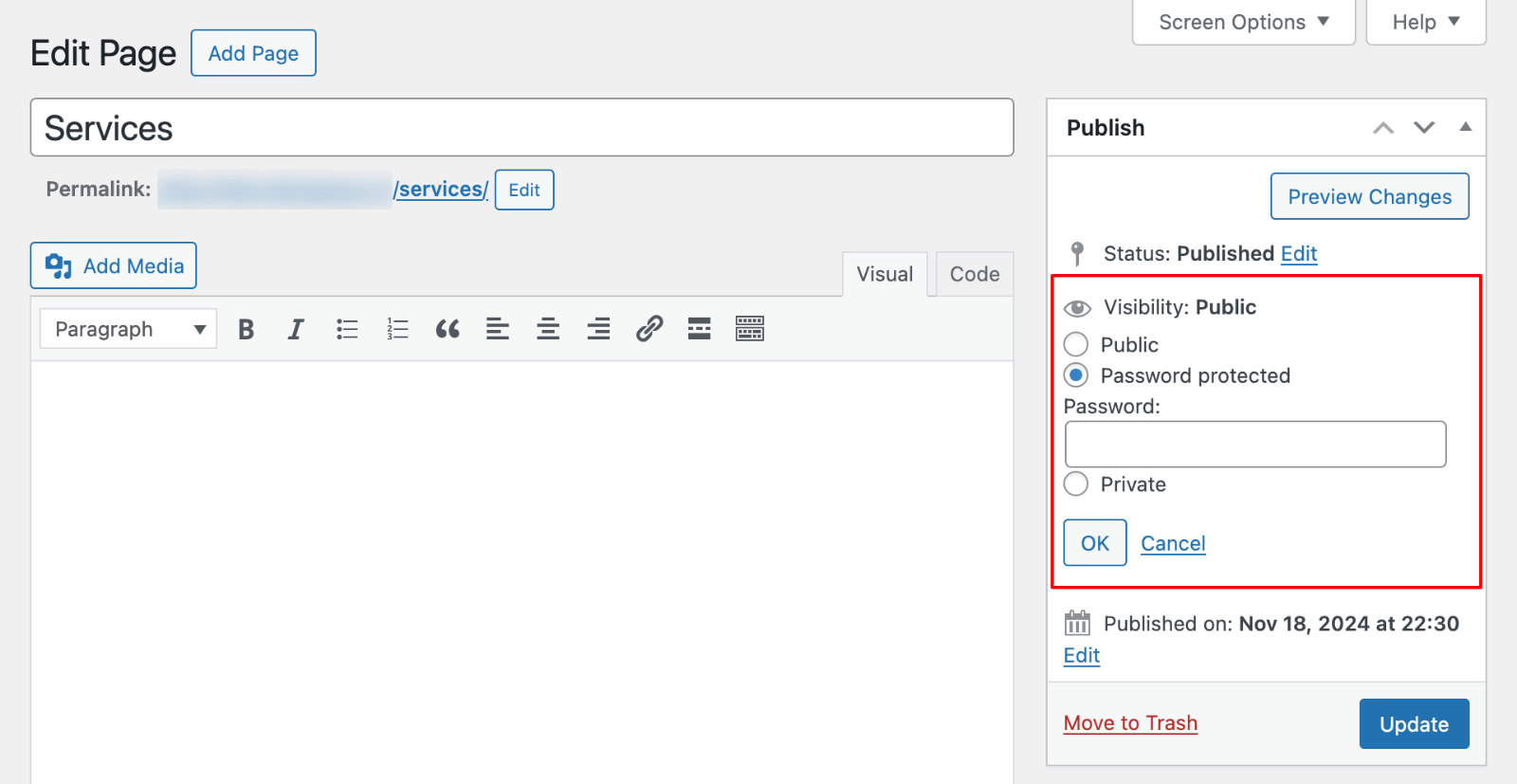 Edit Page > password protect in classic editor