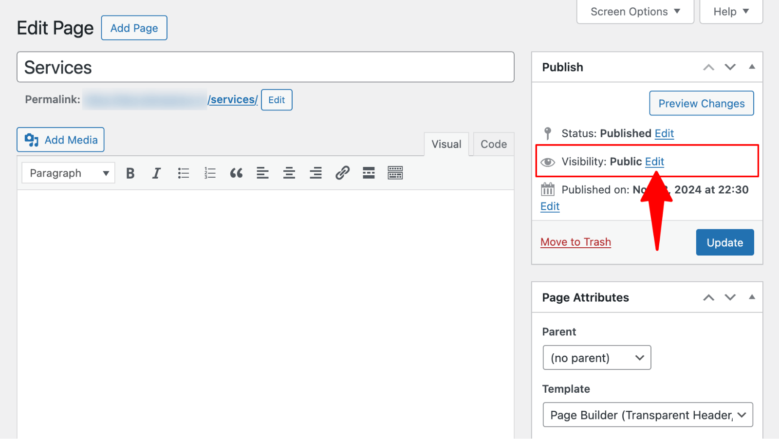 Edit Page > password protect in classic editor