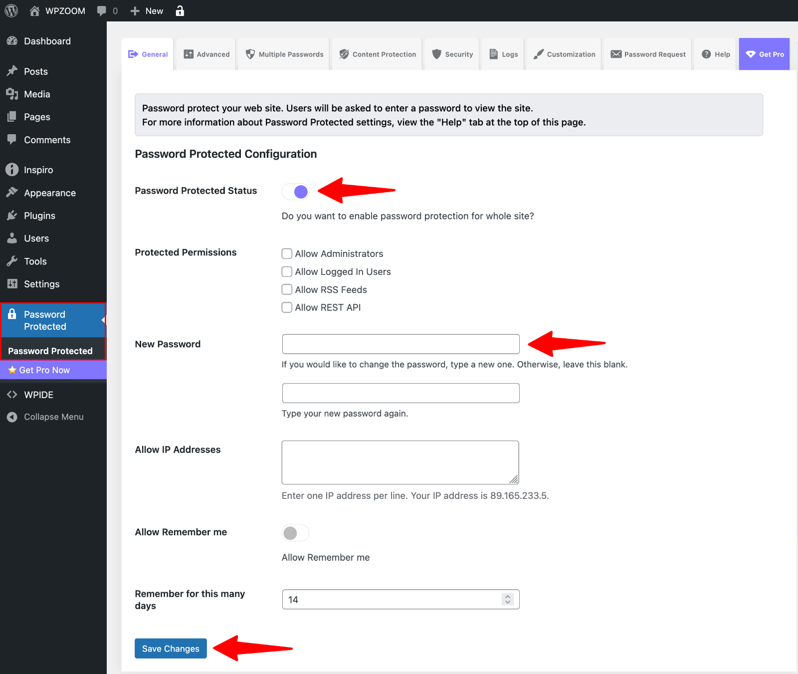 Password Protected plugin settings