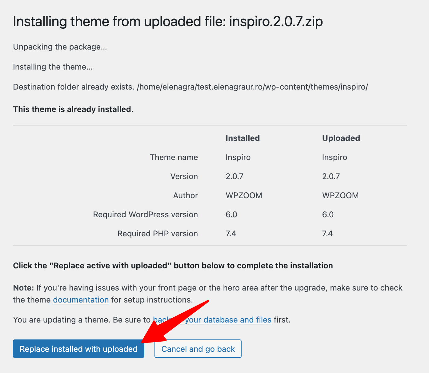 Upload theme > replace existing theme