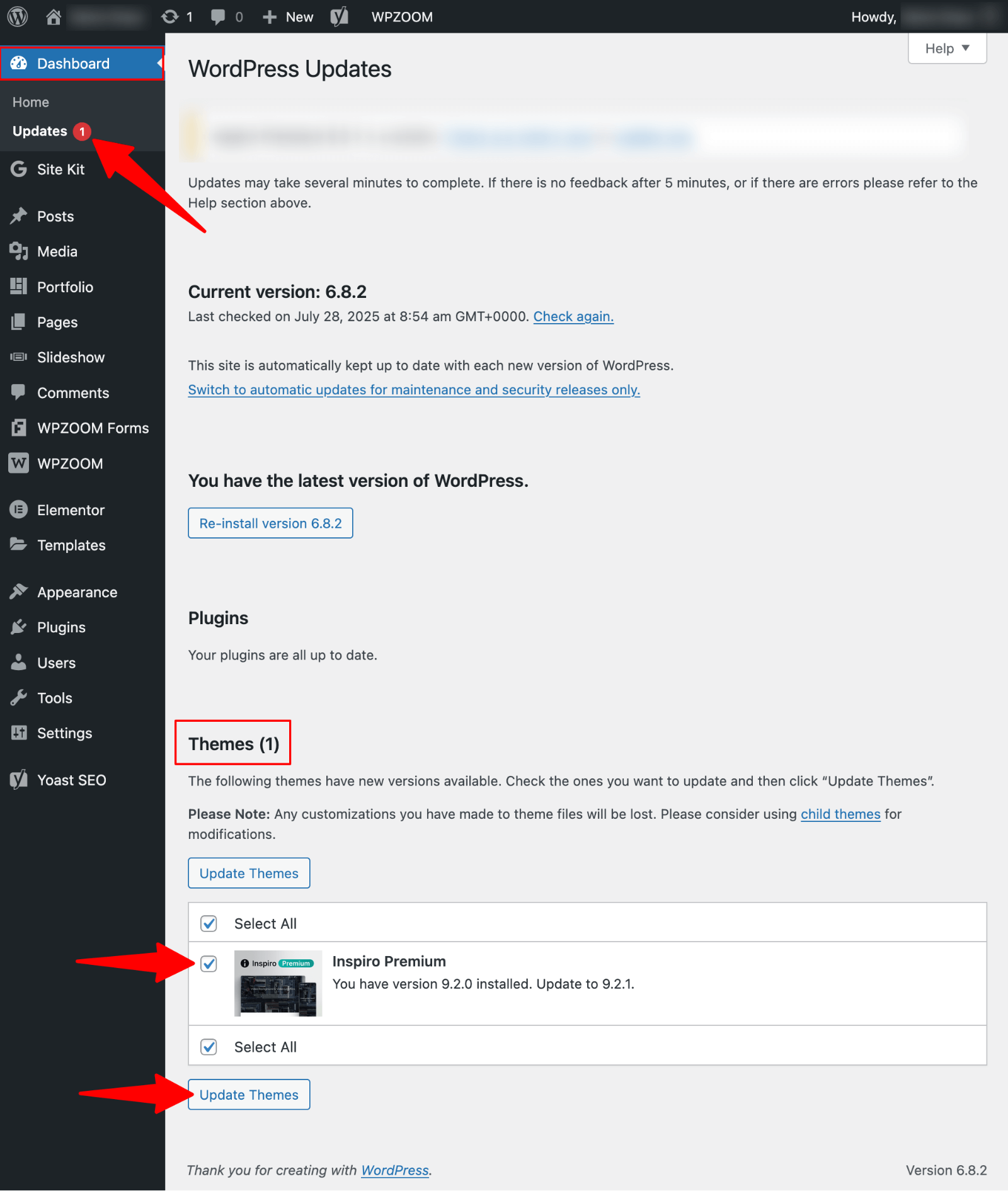 WordPress Updates > update theme from Updates panel