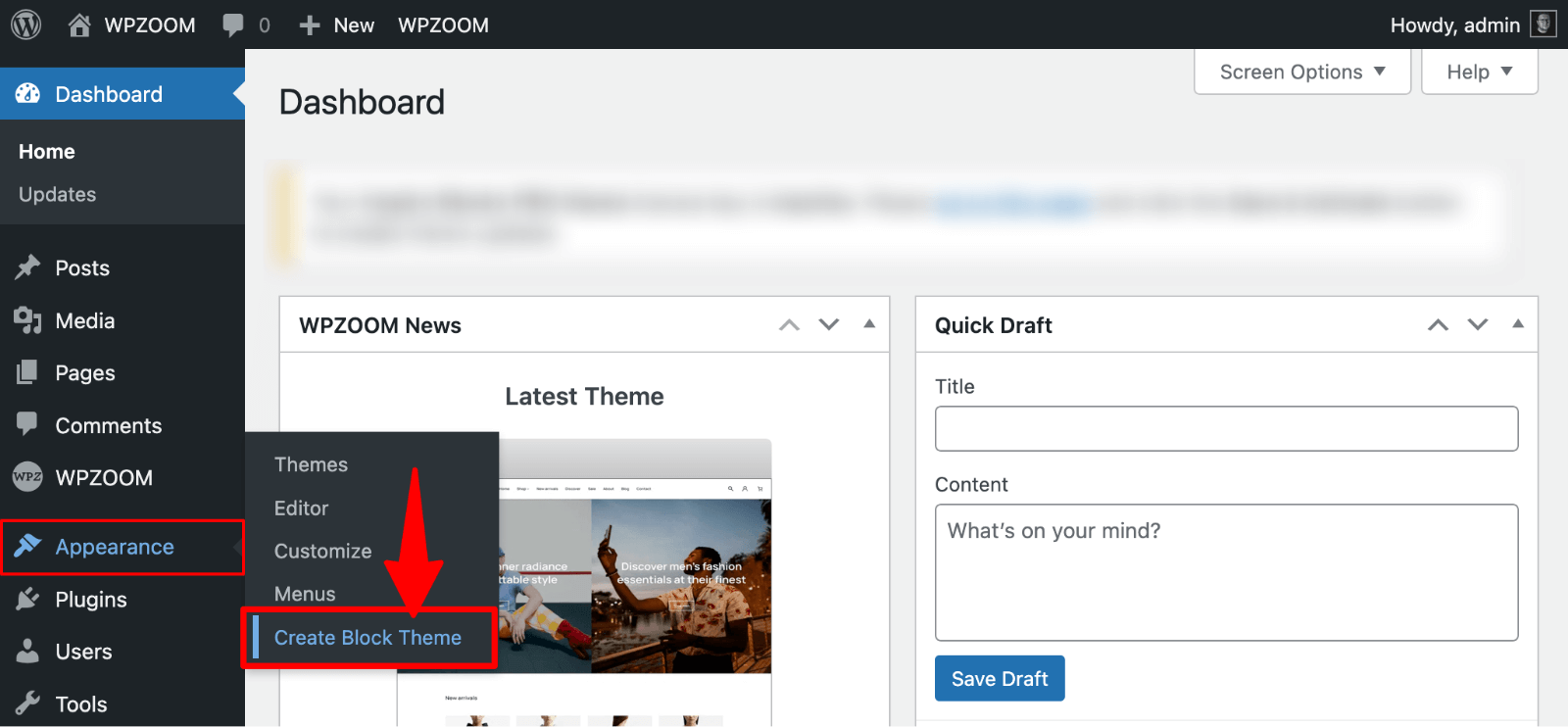 Appearance > Create Block Theme