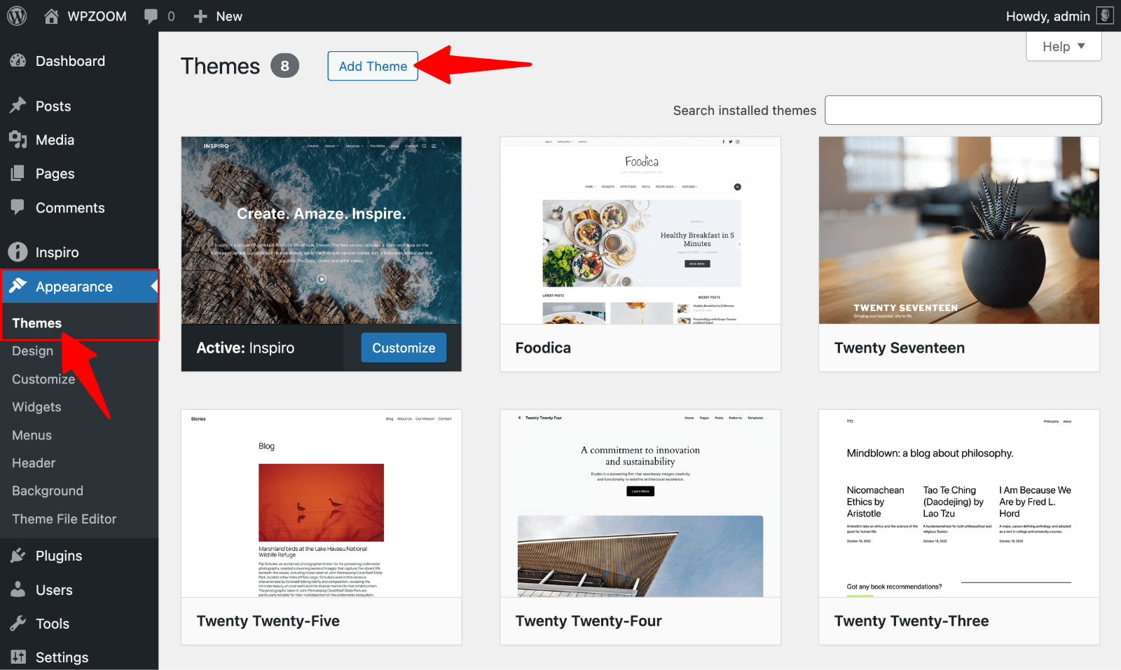 Appearance > Themes > Add Theme