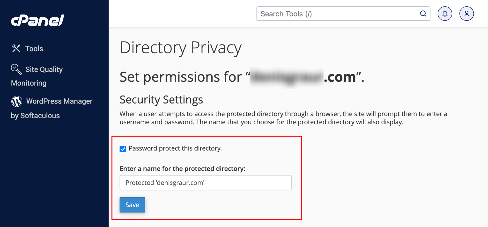 cPanel Directory Privacy password protect
