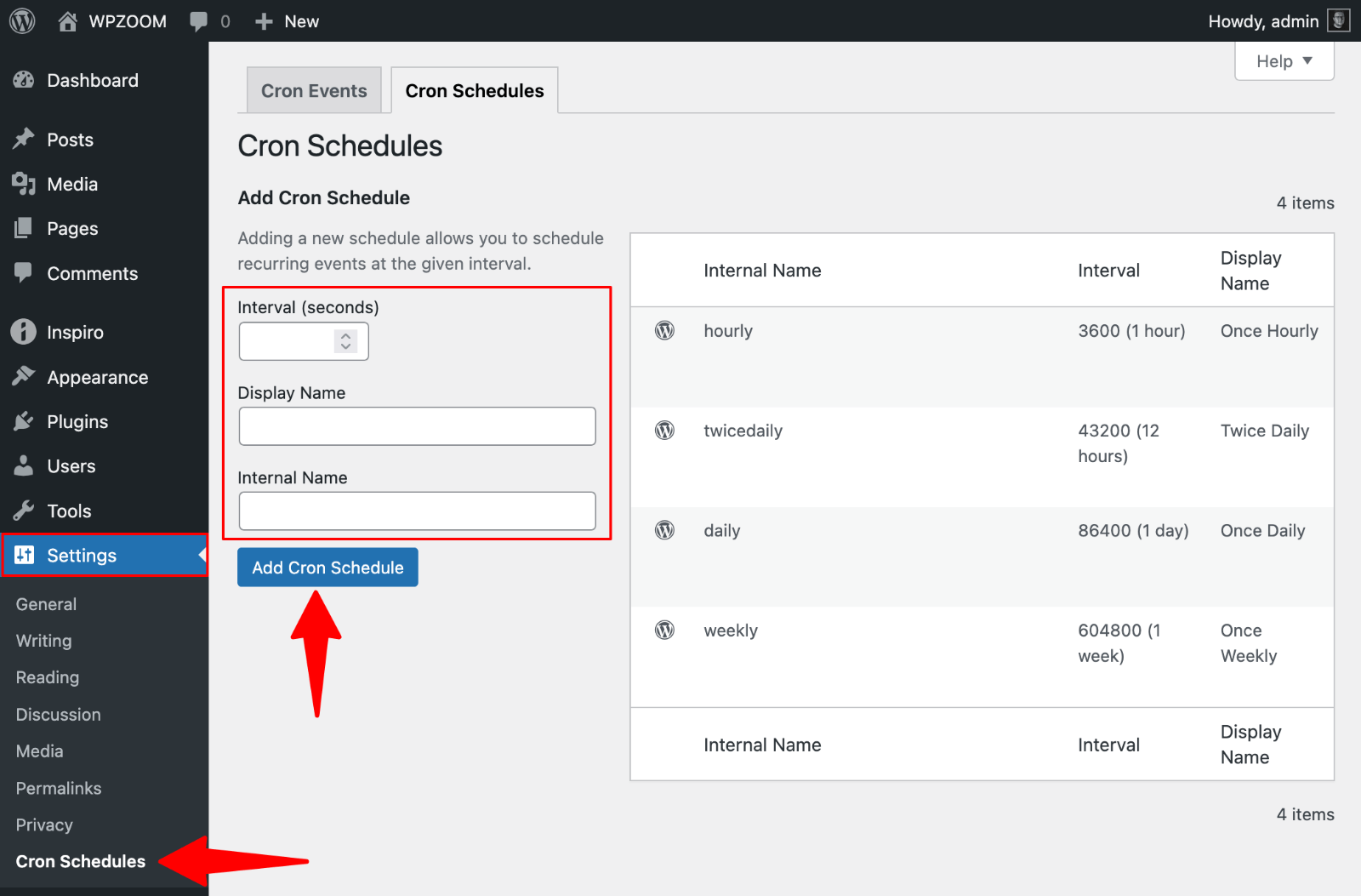 WP Control > Add Cron Schedule