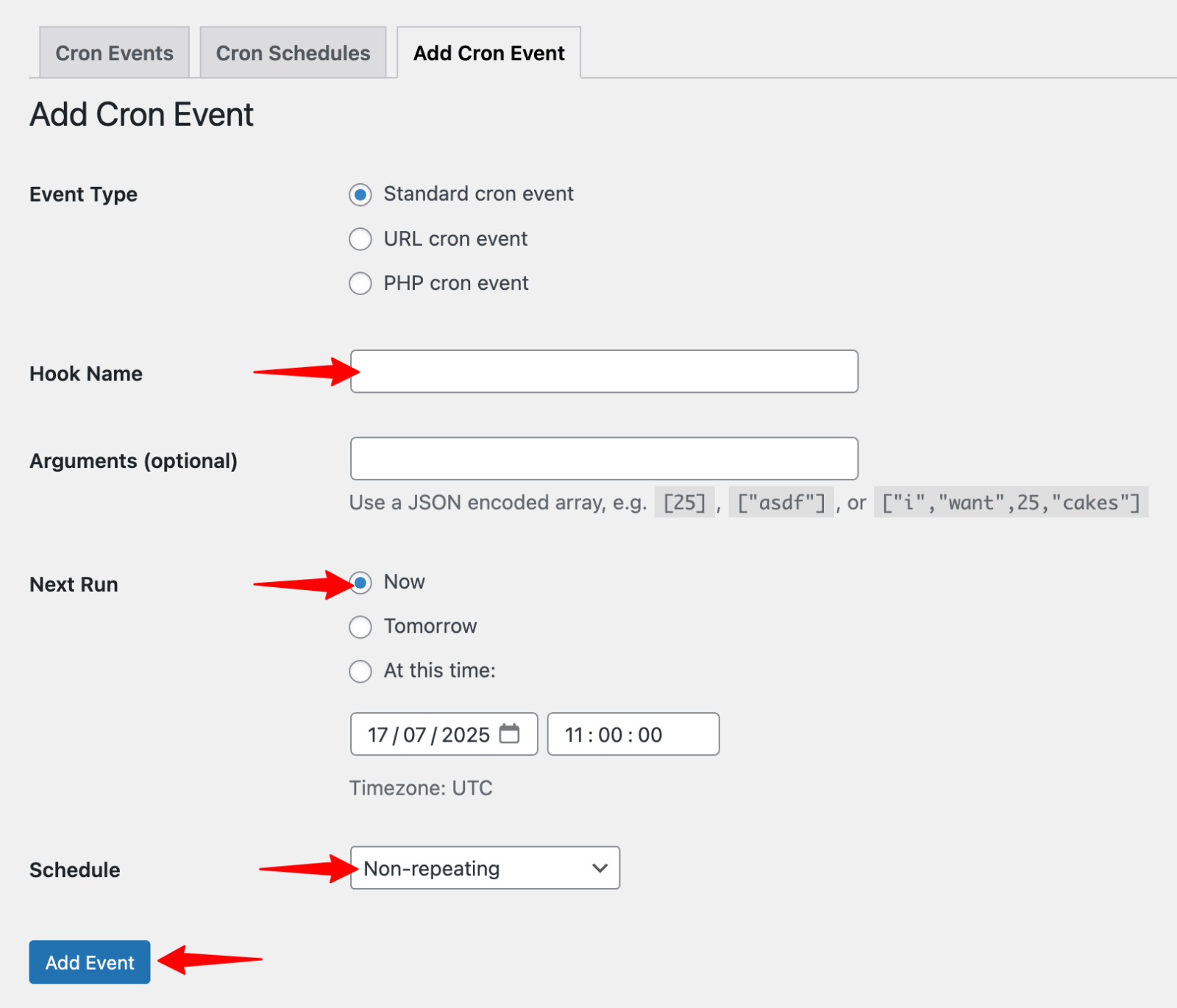 WP Control > Add Cron