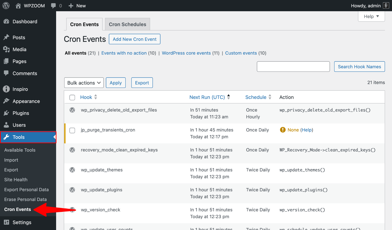 WP Control > Cron Events