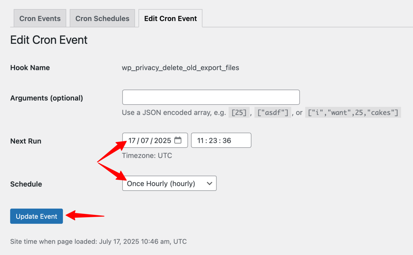 WP Control > Edit Cron